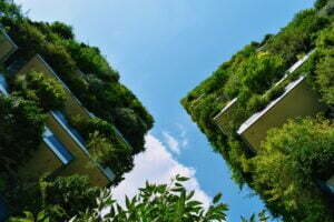 Apartment blocks with abundance of flora