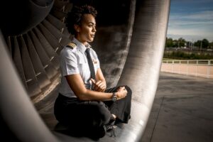 Ethnic lady pilot sitting cross-legged in an engine inlet