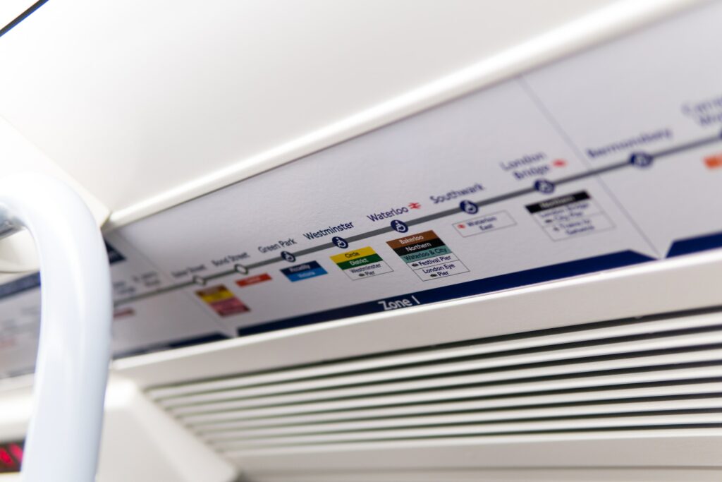 Tube map of Zone 1 displayed inside a railway carriage.