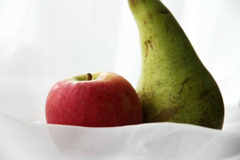 A red apple amd a green pear on a white background.