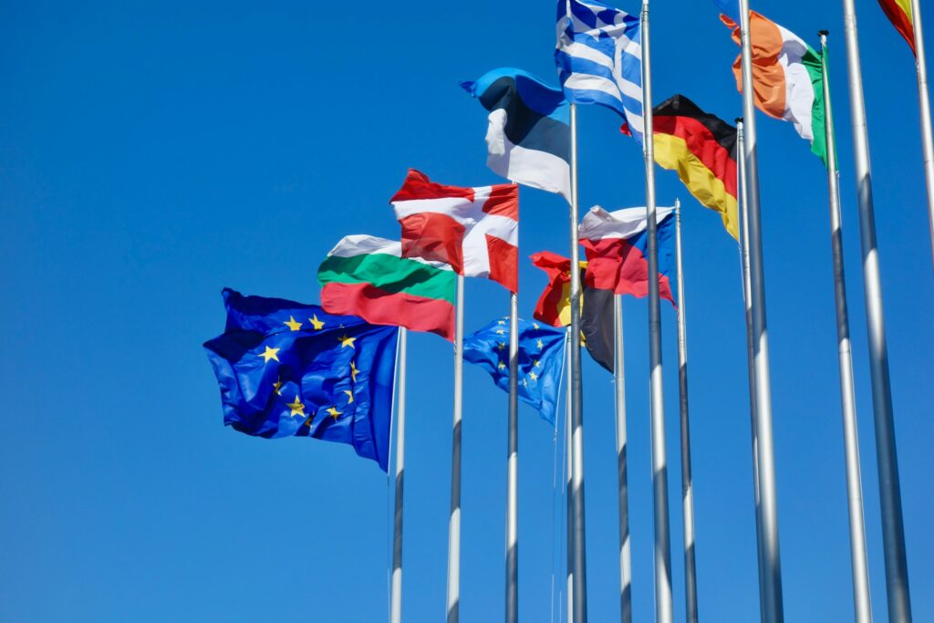 A selection of European flags blowing in the wind.