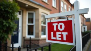 A red 'To Let' sign hanging on a white post in front of a row of brick townhouses, indicating a property available for rent in a residential neighbourhood