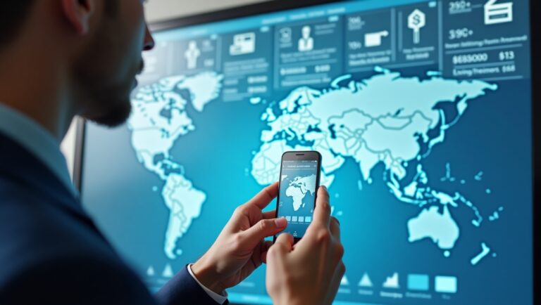 A person in business attire views a large digital world map display with data visualisations while holding a smartphone showing a similar map interface. The screen displays global analytics with various metrics around the borders in a predominantly blue colour scheme.