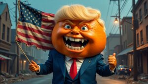 A digital art image of Donald Trump, depicted as a large, cartoonish orange, with a wide, toothy grin and bulging blue eyes. He wears a dark blue suit and a red tie, and his blonde hair is styled in his signature coif. He holds a tattered American flag in his left hand and gives a thumbs-up with his right. The background shows a desolate street with rubble and debris, suggesting a post-apocalyptic or war-torn setting.